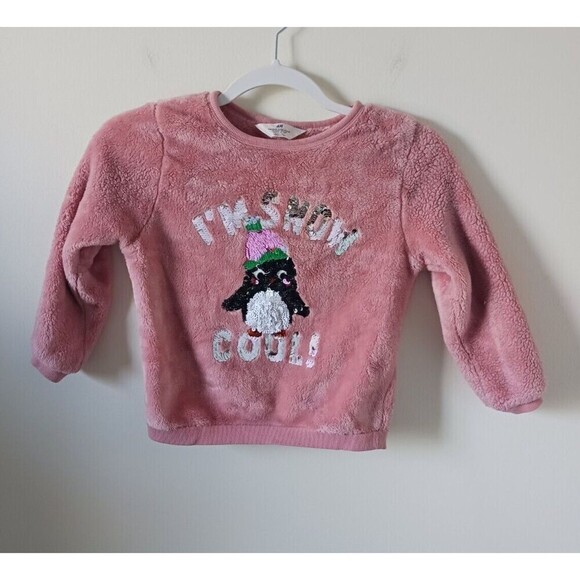 H&M Girls Fleece Sweatshirt I’m Snow Cool Sequin Fuzzy Flip Penguin Pink 5T/6 - Picture 1 of 5